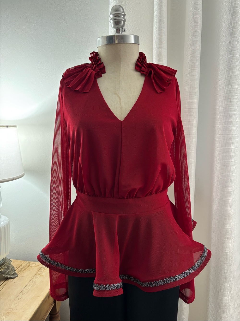 AKIRA Buy My Love Red Sheer V-Neck Peplum Blouse with Ruffle Shoulders, L, NWT